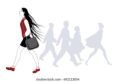 Teen girl with long hair in the wind walking on the street. Silhouettes of people in the background