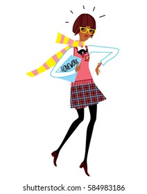 Teen girl looking at watch and hurries up to school. Vector illustration.