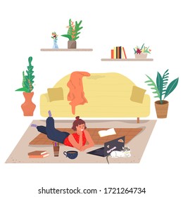 Teen girl lying on the floor and chatting on the Internet using a laptop and laughing. A happy girl is studying, working or chatting via the Internet. Online courses. Flat vector illustration.