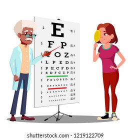 Teen Girl Making Test Chart In Ophthalmologist's Cabinet Vector. Isolated Illustration