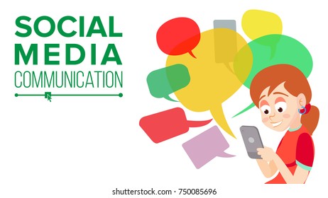 Teen Girl Messaging Vector. Communicate On Internet. Chatting On Network. Using Smartphone. Colorful Chat Bubbles. Social Media Addiction  Concept Illustration