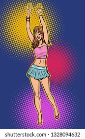 Teen Girl In Mini Skirt. Woman Disco Dance. Pop Art Retro Vector Illustration Vintage Kitsch 50s 60s