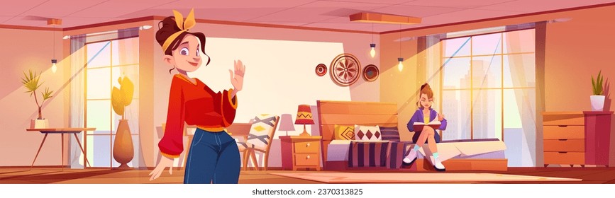 Teen girl with mother in bedroom read book vector. Bed room interior with furniture in morning. Teenage and mom in cozy sunny modern home inside. Female adult lady character standing in house