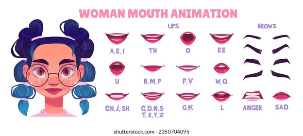 Teen girl mouth animation set isolated on white background. Vector cartoon illustration of female lip sync collection, sound pronunciation, speech constructor, sad and anger emotions, pack of brows