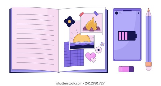 Teen girl notebook smartphone 2D linear cartoon objects set. Planner with pen, mobile phone isolated line vector elements white background. Diary girlish color flat spot illustrations collection