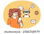 Teen girl with phone uses chatbot or robotic app with artificial intelligence and opens mouth in surprise at possibilities of AI neural networks. Surprised girl using smartphone with AI programs