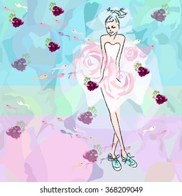 teen girl in a pink dress with roses on a floral background, blue sneakers, fashion, summer, floral print, shopping,, trendy stylish texture spring summer, color vector