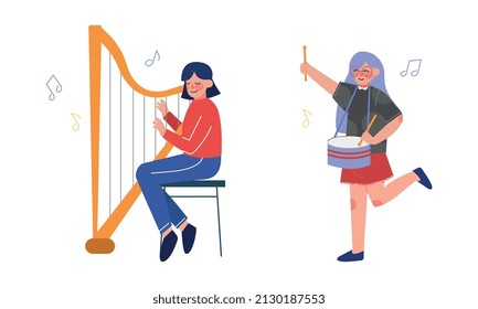 Teen Girl Playing Drum and Harp as Talented Musician Character Vector Set