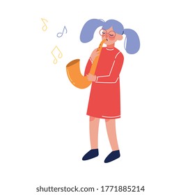 Teen Girl Playing Saxophone Musical Instrument, Young Talented Female Musician Character Vector Illustration on White Background