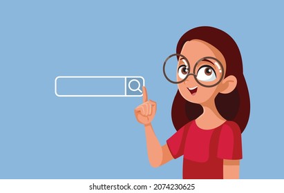 Teen Girl Pointing to Search Bar Vector Cartoon. Student accessing the internet learning new information and researching for an assignment 
