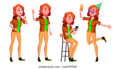 Teen Girl Poses Set Vector. Friendly, Cheer. For Banner, Flyer, Brochure Design. Isolated Cartoon Illustration