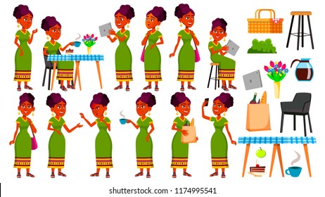 Teen Girl Poses Set Vector. Indian, Hindu. Asian. Activity, Beautiful.  For Postcard, Cover, Placard Design. Isolated Cartoon Illustration
