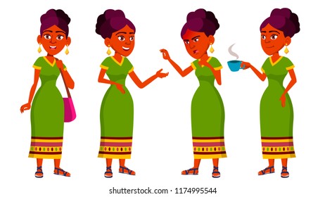 Teen Girl Poses Set Vector. Indian, Hindu. Asian. Leisure, Smile.  For Web, Brochure, Poster Design. Isolated Cartoon Illustration
