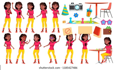 Teen Girl Poses Set Vector. Black. Afro American. Positive Person. For Postcard, Cover, Placard Design. Isolated Cartoon Illustration
