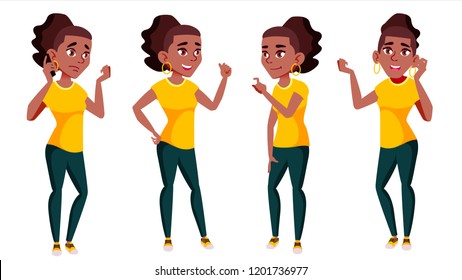 Teen Girl Poses Set Vector. Black. Afro American. Fun, Cheerful.  For Web, Poster, Booklet Design. Isolated Cartoon Illustration
