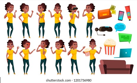 Teen Girl Poses Set Vector. Black. Afro American. Active, Expression. For Presentation, Print, Invitation Design. Isolated Cartoon Illustration
