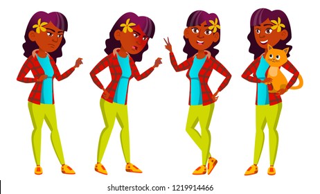 Teen Girl Poses Set Vector. Indian, Hindu. Asian. Friendly, Cheer. For Banner, Flyer, Brochure Design. Isolated Cartoon Illustration
