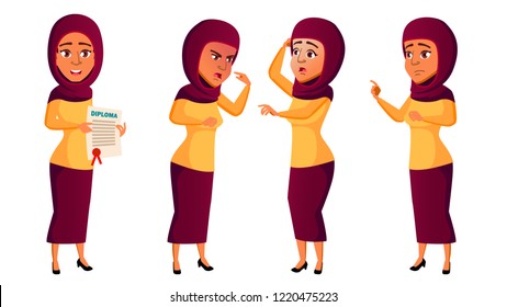 Teen Girl Poses Set Vector. Arab, Muslim. Active, Expression. For Presentation, Print, Invitation Design. Isolated Cartoon Illustration
