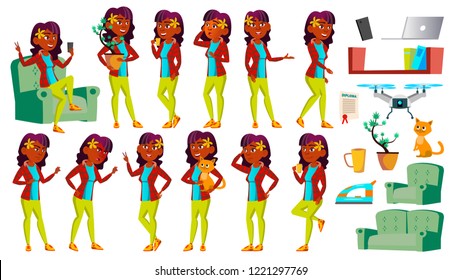 Teen Girl Poses Set Vector. Indian, Hindu. Asian. Pretty, Youth. For Postcard, Announcement, Cover Design. Isolated Cartoon Illustration
