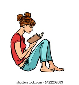 Teen girl reading a book. Comic cartoon pop art retro illustration drawing