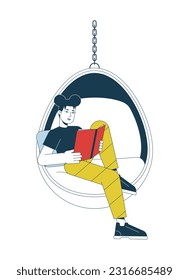 Teen girl reading book in hanging chair flat line color vector character. Editable outline full body person on white. Cosy reading hobby simple cartoon spot illustration for web graphic design