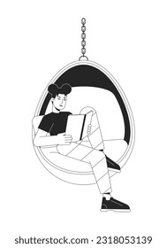 Teen girl reading book in hanging chair flat line black white vector character. Editable outline full body person. Cosy reading simple cartoon isolated spot illustration for web graphic design