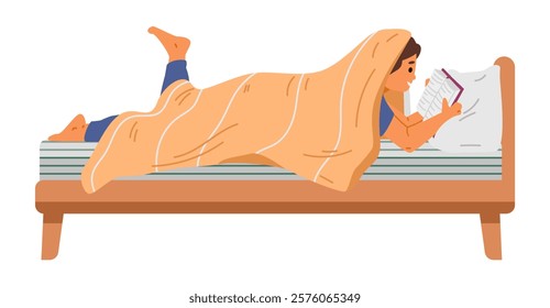 Teen girl reading a book lying in bed under cover flat vector illustration isolated on white.