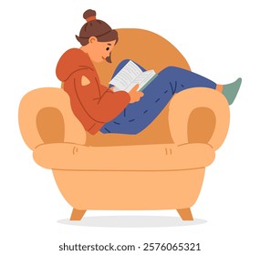 Teen girl reading a book sitting in armchair flat vector illustration isolated on white.