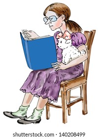 Teen girl reading with her little Maltese dog