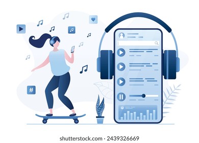 Teen girl rides skateboard and listens to music with wireless headphones. Young adult wearing earphones, enjoying playlist, live radio stream or podcast. Cellphone with audio app, multimedia content. svg