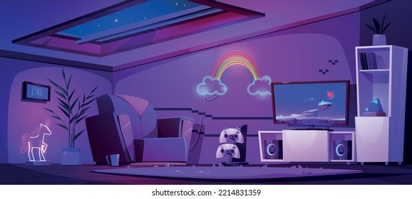 Teen girl room on attic, night interior with gamer stuff and furniture. Tv set with video game on screen and gamepads, armchair, coffee cup, rainbow and unicorn lamp, Cartoon vector illustration