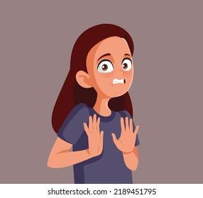 
Teen Girl Saying No Making Stop Gesture Vector Illustration. Young teen saying she is not guilty pushing away claims
