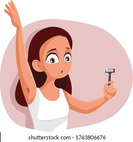 Teen Girl Shaving Armpit Vector Cartoon Illustration. Teenager having a hard time removing underarm hair with razor
