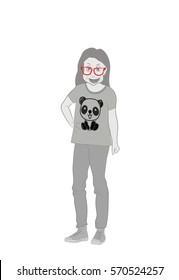 teen girl in a shirt with a panda. vector illustration.