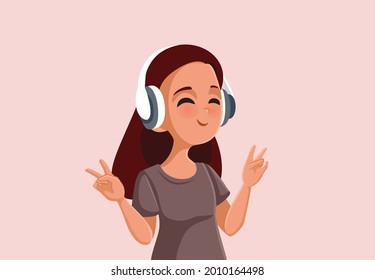 Teen Girl Showing Peace Sign Listening to Music. Happy teenager wearing headphones listening to a podcast
