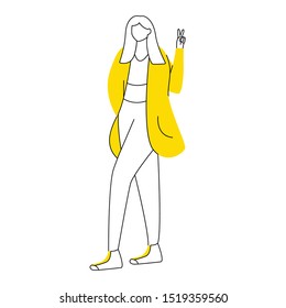 Teen girl shows v sign flat contour vector illustration. Young woman in casual clothes gesturing victory sign isolated cartoon outline character on white background. Teenager lifestyle simple drawing