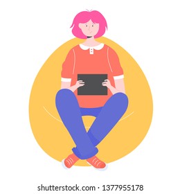Teen girl sitting in a bean bag chair with a tablet. Playing or learning, looking for information on the Internet. Portable gadget. Vector illustration.