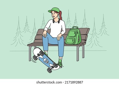 Teen girl sitting on bench with skateboard. Young woman skater with board relaxing outdoors. Hobby and sport concept. Vector illustration. 