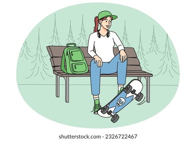 Teen girl sitting on bench with skateboard. Young woman skater with board relaxing outdoors. Hobby and sport concept. Vector illustration.