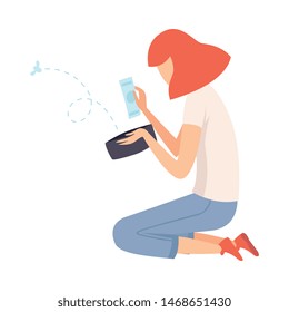 Teen Girl Sitting on Floor and Looking into Wallet, Girl Has Little Money Vector Illustration