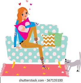 Teen girl sitting on the sofa and dreaming about love. Vector illustration