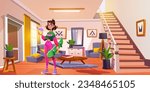 Teen girl with skate in house living room background design. Modern home livingroom interior illustration with couch, armchair and mirror. Young female character hold bubble tea near entrance door