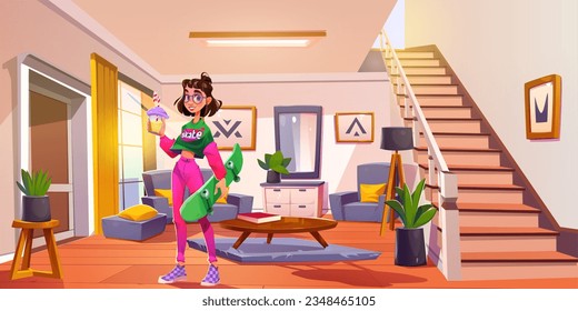 Teen girl with skate in house living room background design. Modern home livingroom interior illustration with couch, armchair and mirror. Young female character hold bubble tea near entrance door