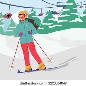 Esquiar adolescente con vestuario deportivo cálido y gafas en esquí de montaña con funicular. Tiempo De Repuesto Activo Infantil, Deportes De Invierno, Ocio Al Aire Libre, Diversión. Ilustración del vector de dibujos animados