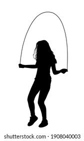 Teen girl skipping with jump rope vector silhouette illustration isolated on white. Fitness instructor sport exercising. Athlete woman skipping rope. Healthy athletic lady workout fun in gym.