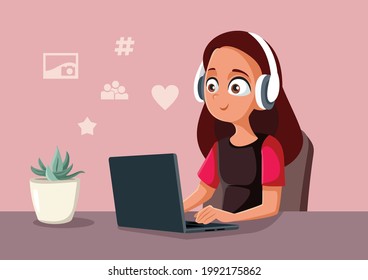 Teen Girl Spending Time on Social Media on Her Laptop. Young girl doing her homework while listening to music
