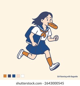 Teen Girl Student Is Running with A Baguette in Mouth