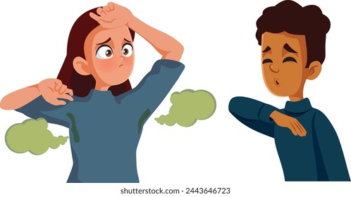 
Teen Girl Suffering from Excessive Sweating Bothering Colleague vector Cartoon. Embarrassed teenager dealing with perspiration and body odor problems 
