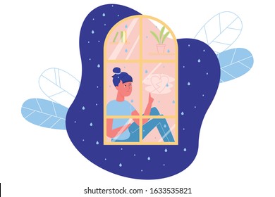 Teen Girl Suffers Sitting at Home by Window, Slide. Window, against Background Starry Sky, it Raining Outside Window, Girl Crying and Looking out Window. Teenager Draws Broken Heart on Glass.