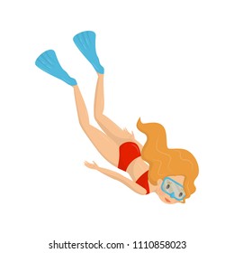 Teen girl in swimsuit, flippers and diving mask swimming underwater. Summer leisure. Snorkeling theme. Flat vector design